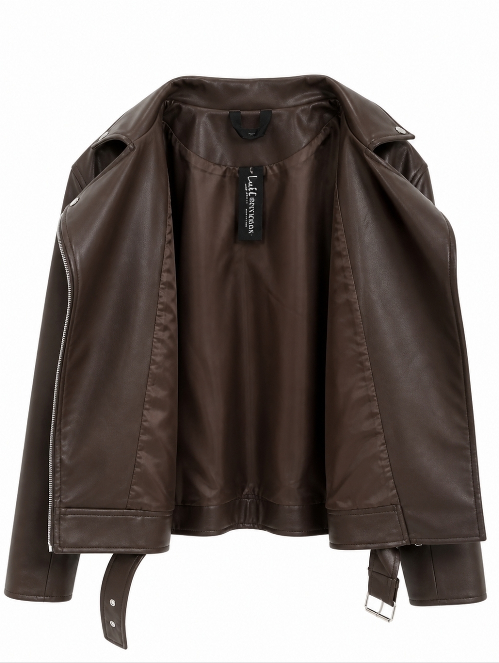 Lulus Brown Behavior Vegan Leather Moto Jacket Oversized Belted NWT Small - Picture 7 of 15
